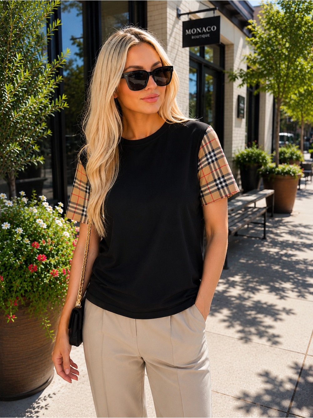 Burberry London England Vintage Check Sleeve T-Shirt Black Women’s Medium